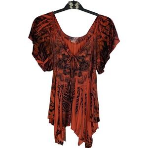 REINA Vintage Y2K Floral Top Womens Sublimation Flare Sleeve Heart Neck Sz 1 (M)